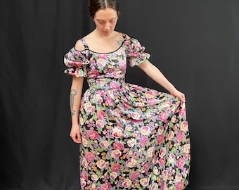 Vintage Maxi Dress Floral Satin Maxi Dress 1930 Dress Cold Shoulder Dress Summer Garden Party Dress Wedding Guest Outfit