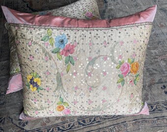 Bespoke Antique Silk Cushion 18th Century Painted Rococo Silk Pillow Hand Painted Textile Interior Decor Vintage Interior Home Handmade