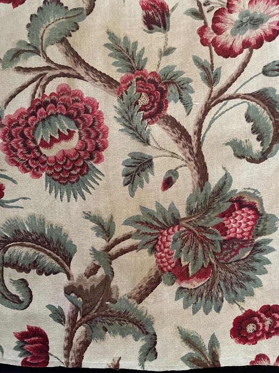 Floral Chintz Fabric Printed Linen Vintage Linen Fabric Floral  Antique Textiles Jacobean Revival Interior Design Vintage Home Decor