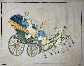アンティーク 手描き 中国輸出シルク 壁掛け 馬車 ナポレオン 装飾織物