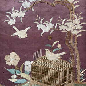 Antique Silk Embroidery Chinese Embroidered Panel Silk Hanging with Birds Chinese Embroidery Collectable Antique Textiles Vintage Home Decor