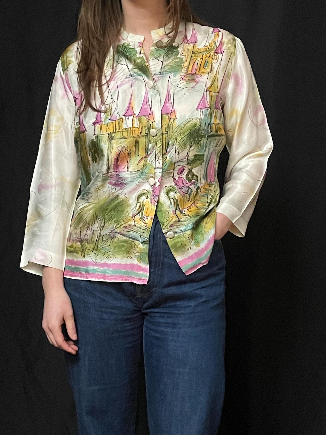 Vintage Teal Silky Print Blouse