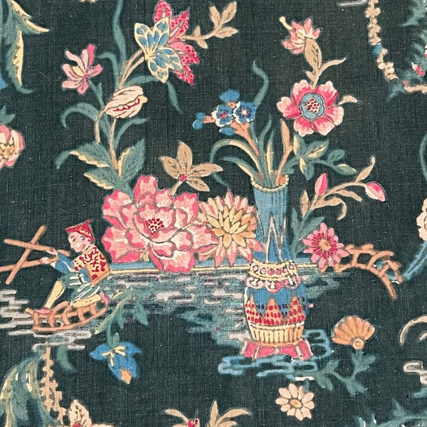 Antique Chinoiserie Textile Panel Vintage  Printed Textile Vintage Home Decor Interior Inspiration Oriental Textile