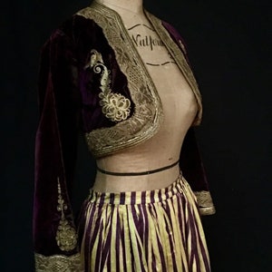 May include: A purple velvet bolero with gold embroidery and a matching striped skirt. The bolero has a lace trim and the skirt has vertical stripes.