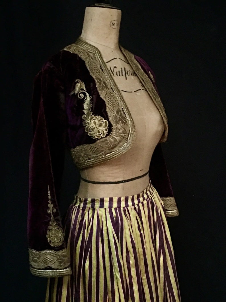 May include: A purple velvet bolero with gold embroidery and a matching striped skirt. The bolero has a lace trim and the skirt has vertical stripes.