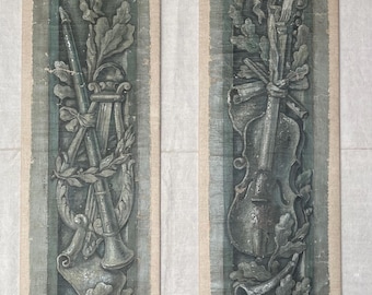 May include: Two rectangular wall panels with musical instrument reliefs. One panel features a clarinet, pen, and harp, while the other showcases a violin and horn. The panels are painted in shades of gray and green, with a distressed, vintage aesthetic.