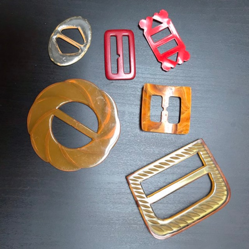 Sewing Supplies Red Yellow Buckles Antique Plastic Buckles Vintage Buckles