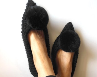 Point Toe Flats, FAUX Fur Pom Poms, Feminine Black Wool Slippers, Witches shoes, NON-Slip Ballet flats, Gift wrap, Handmade Slippers Socks