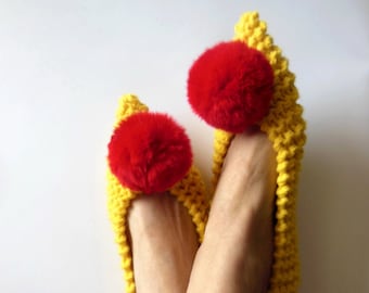 Pointed Toe Flats - Women's Slippers - Non-Slip Slippers - Knitted Crochet Yellow Wool slippers - Gift Wrapping - Rabbit Fur - READY to SHIP