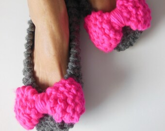 Gray Slippers, Pink, Green, Orange, Yellow, Bow Slippers, NON-SLIP, Chunky slippers, Home shoes, Gift Wrapped, Knitted, Crochet Slippers