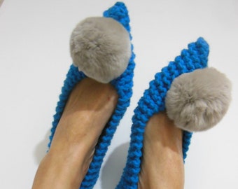 Pointed Toe Women's Slippers, Non Slip, Knitted, Crochet Slippers, Gift wrapped, High Quality soft Faux Fur Pom Poms, ballet flats