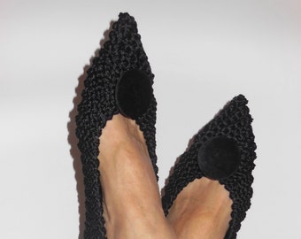 Elegant Feminine Pointed Toe Flats, Women's Non-Slip COTTON VISCOSE black Slippers, Gift Wrap, Gift for her, Knitted Crochet slippers