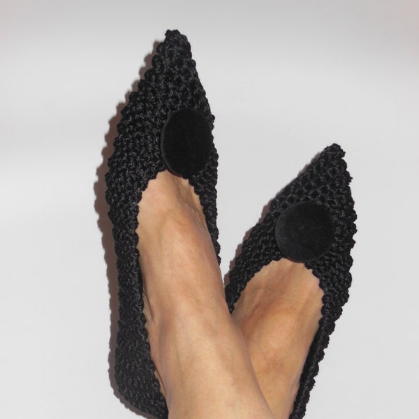 Elegant Feminine Pointed Toe Flats, Women's Non-Slip COTTON VISCOSE black Slippers, Gift Wrap, Gift for her, Knitted Crochet slippers