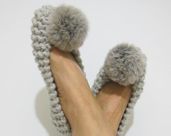 Gray Knitted Women's Slippers, Chunky Wool Slippers, High Quality Soft FAUX Fur Pom Poms,, Non-SLIP Ballet Flats, Gift Wrapped, Home Shoes