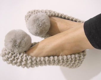 Beige Chunky Women's Slippers, High Quality Soft FAUX Fur Pom Poms, Non-Slip Slippers, Ballet Flats, Gift for her, Home Shoes, Knit Slippers