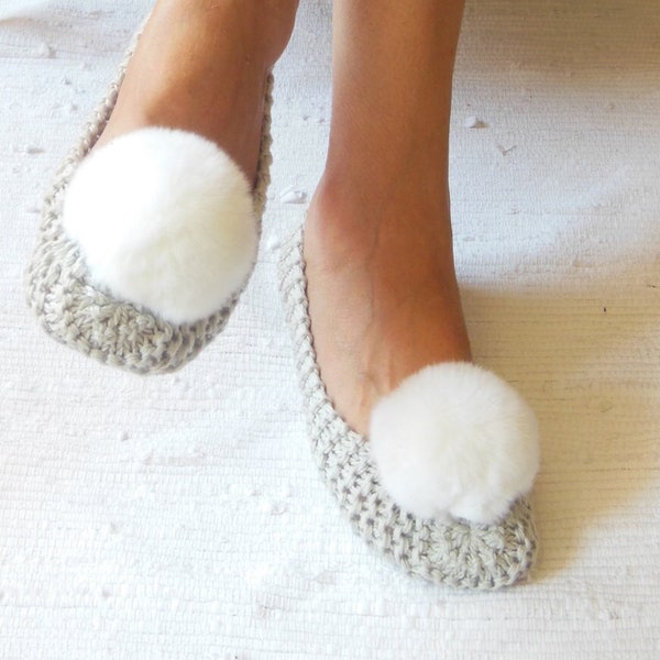 GRAY-BEIGE COTTON Women's Slippers, Faux Fur Pom Pom, Footwear, House shoes, Ballet flats, Knitted slippers, Non Slip, Gift Wrapped
