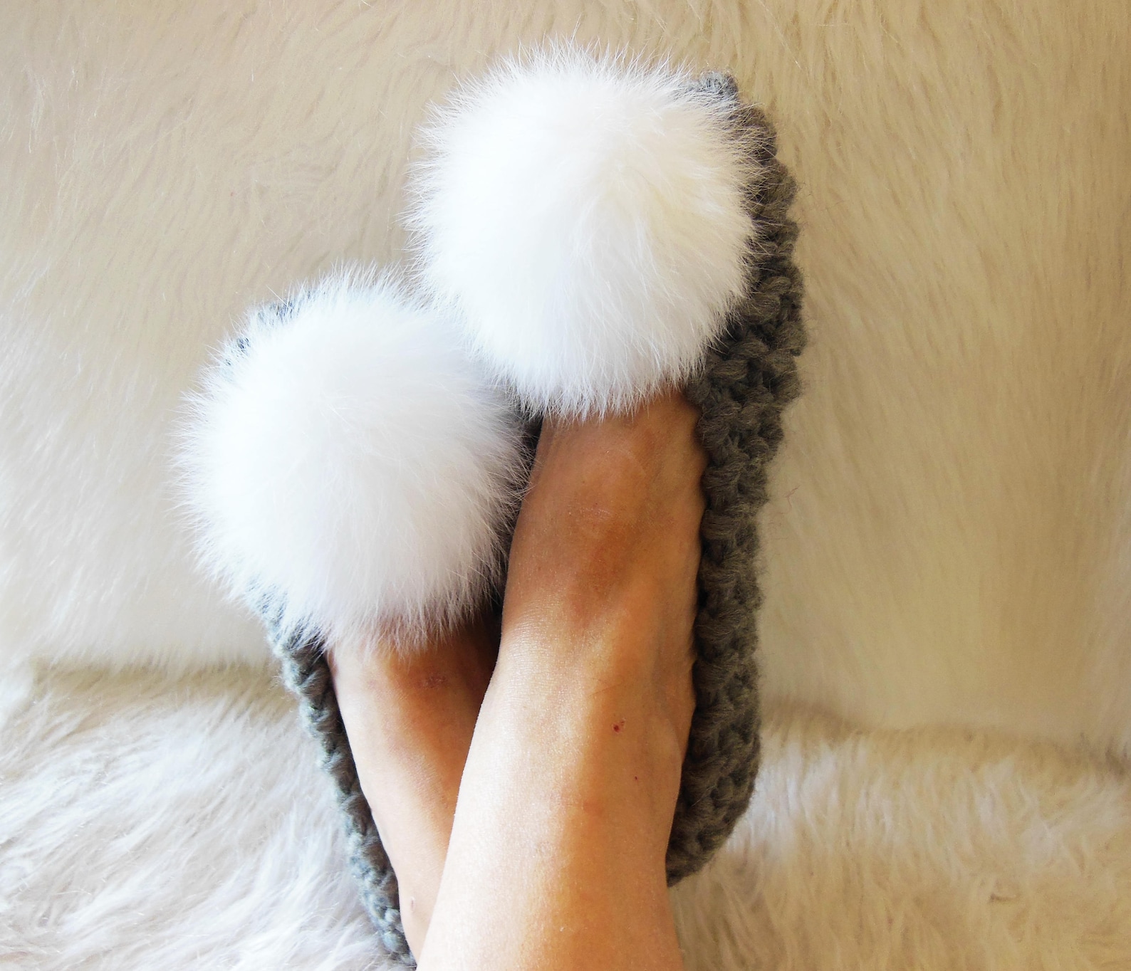 super chunky wool slippers, gray slippers, real fox fur pom-poms, women's house slippers, non-slip house shoes, ballet flats