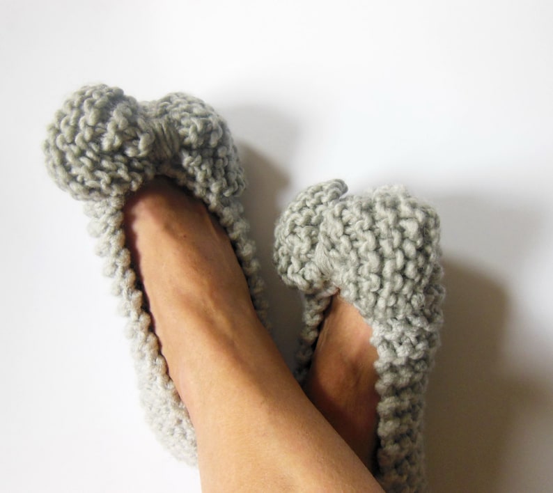 GRAY Wool Slippers, Chunky Bow Slippers, Women Slippers, Non-Slip, Gift Wrapped, Wedding flats, Home shoes, Hand Knitted, Crochet slippers image 2