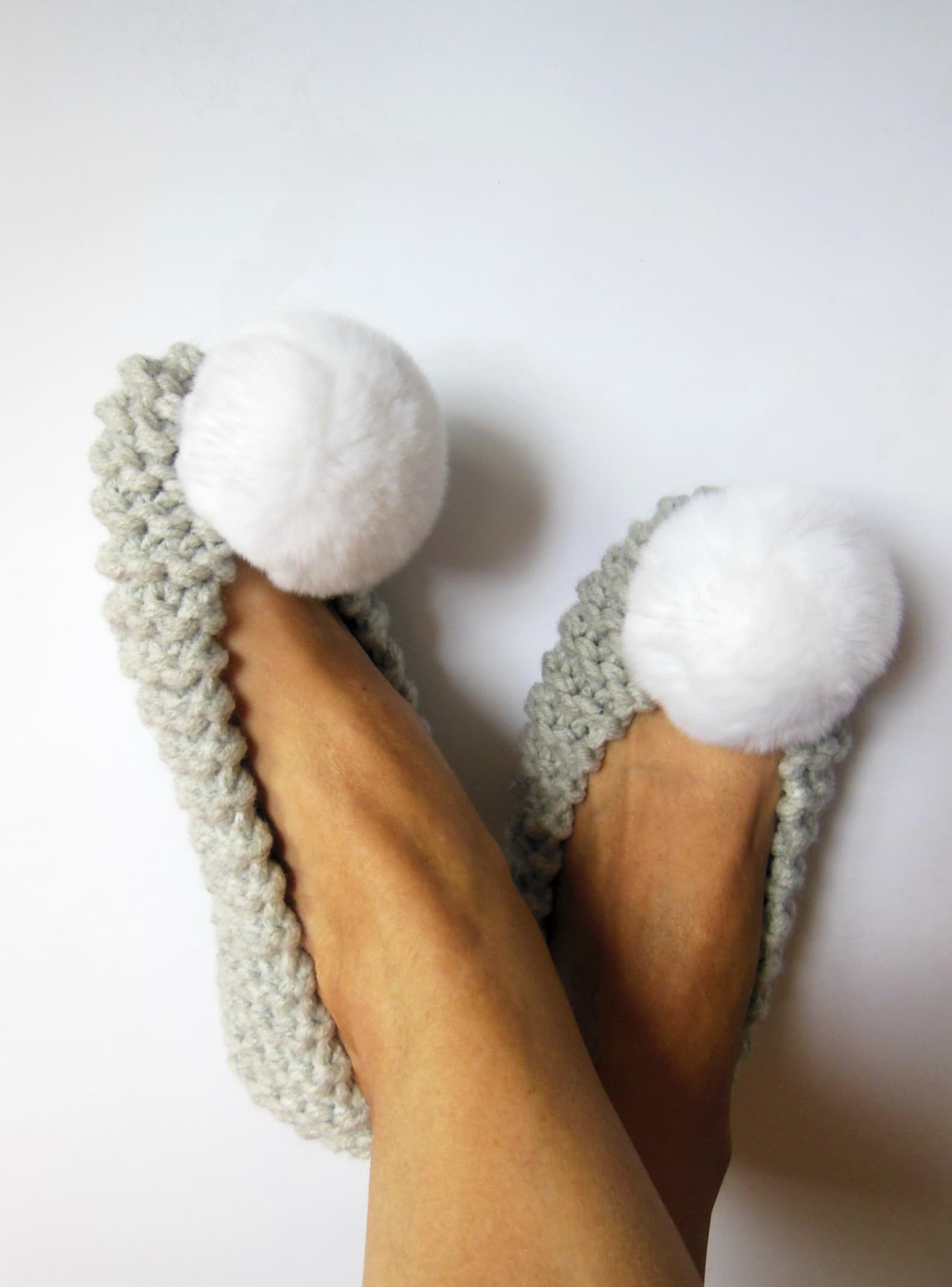women's gray slippers, real or faux fur pom-poms, chunky non-slip furry slippers, home shoes, hand knit slippers, ballet fla