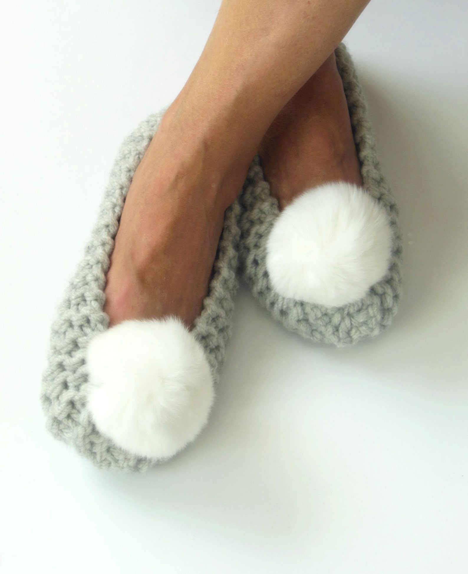 women's gray slippers, real or faux fur pom-poms, chunky non-slip furry slippers, home shoes, hand knit slippers, ballet fla