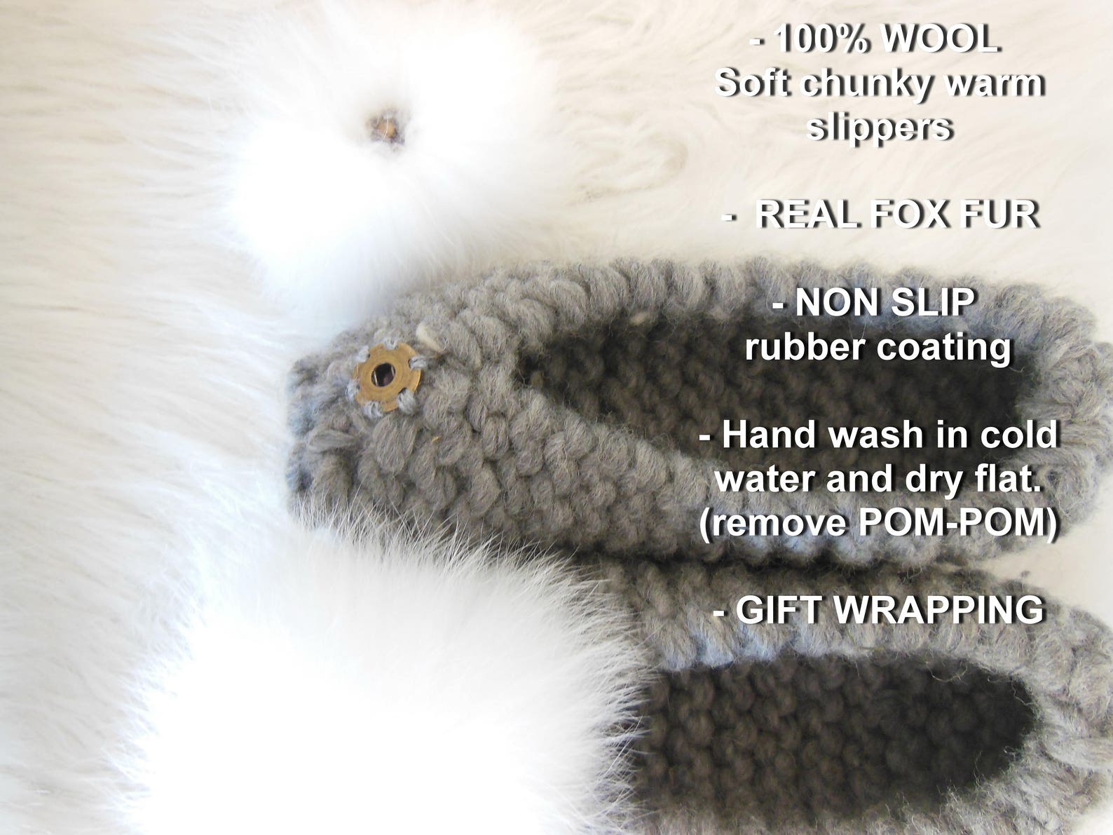 super chunky wool slippers, gray slippers, real fox fur pom-poms, women's house slippers, non-slip house shoes, ballet flats