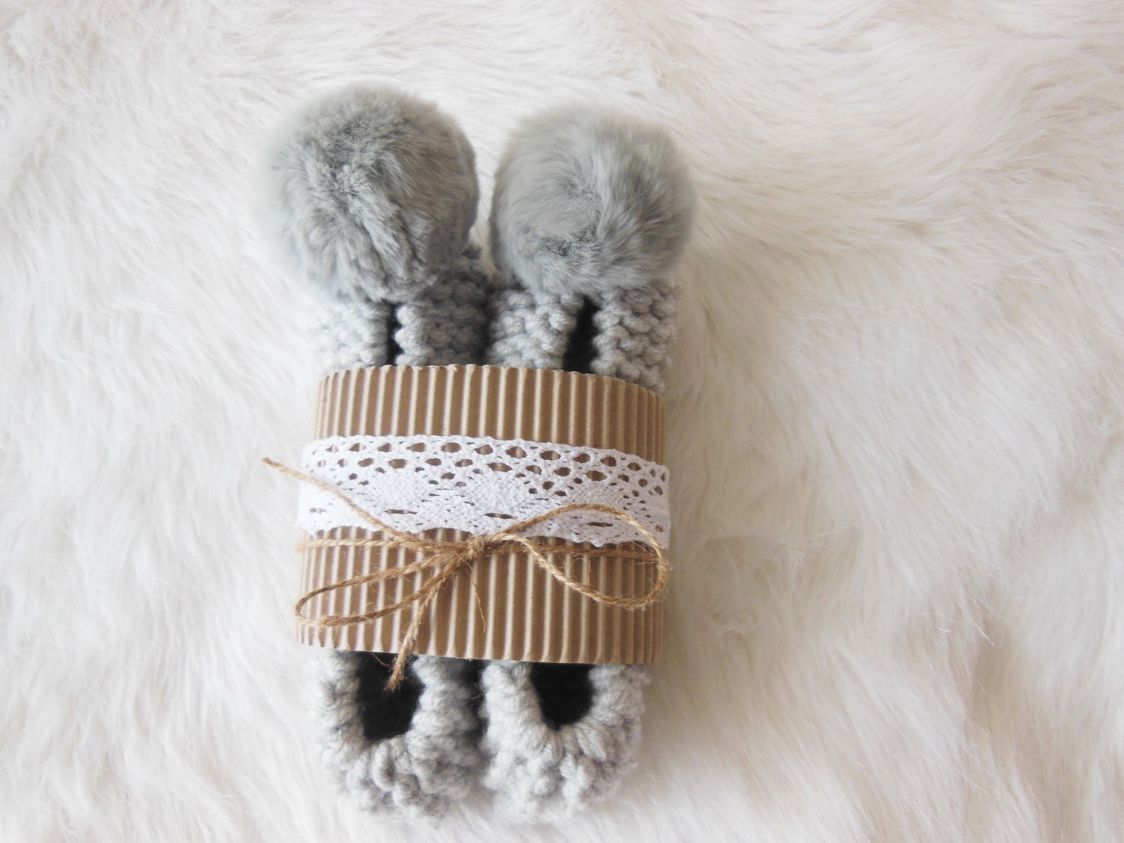 gray knitted slippers, real or faux fur pom poms, women's slippers, chunky wool slippers, non-slip ballet flats, gift wrappe