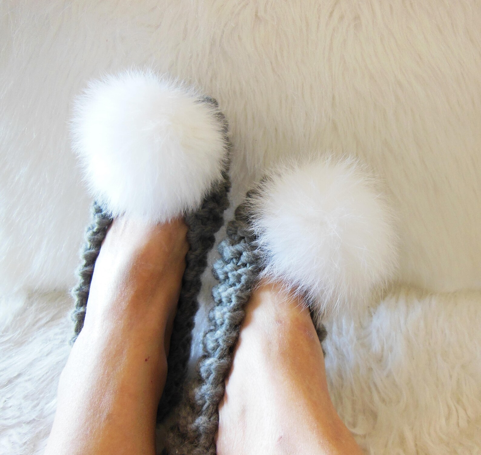 super chunky wool slippers, gray slippers, real fox fur pom-poms, women's house slippers, non-slip house shoes, ballet flats