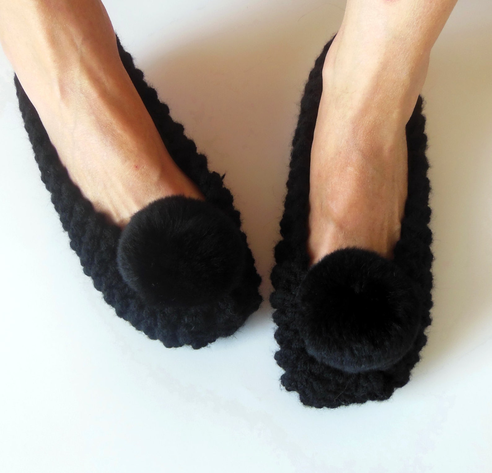 black chunky slippers, womens slippers, non-slip slippers, real or faux fur pom pom, ballet flats, gift for her, gift wrapping,