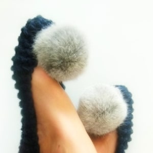 NAVY Blue, Chunky Women Slippers, Knitted, Crochet socks, High Quality Soft Faux FUR Pom Poms, Non-Slip Slippers, Gift Wrapped, Home shoes