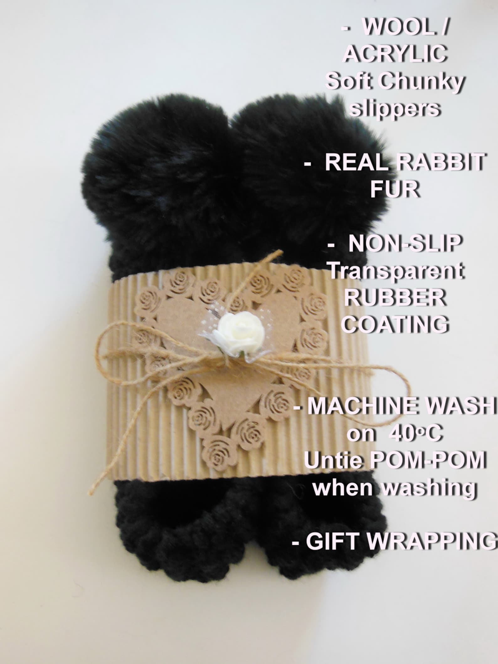 black chunky slippers, womens slippers, non-slip slippers, real or faux fur pom pom, ballet flats, gift for her, gift wrapping,