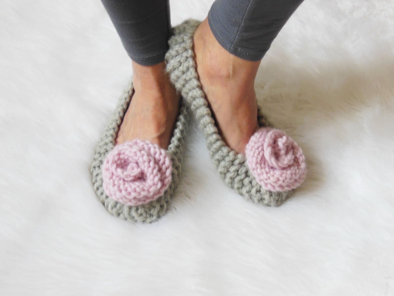 100% wool brand yarn, gray slippers, women's non-slip slippers, warm chunky slippers, pink roses, ballet flats, home shoes,