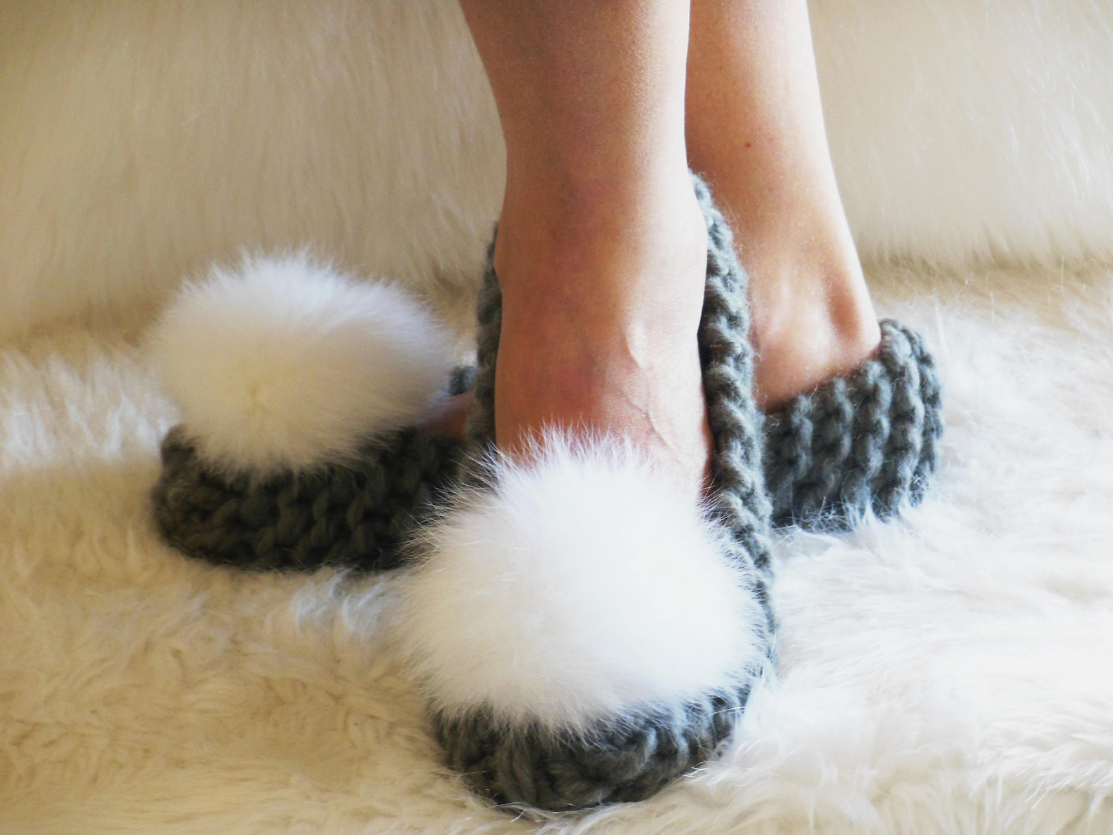 super chunky wool slippers, gray slippers, real fox fur pom-poms, women's house slippers, non-slip house shoes, ballet flats