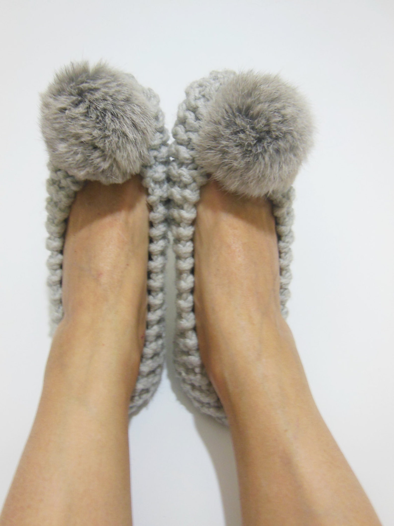 gray knitted slippers, real or faux fur pom poms, women's slippers, chunky wool slippers, non-slip ballet flats, gift wrappe