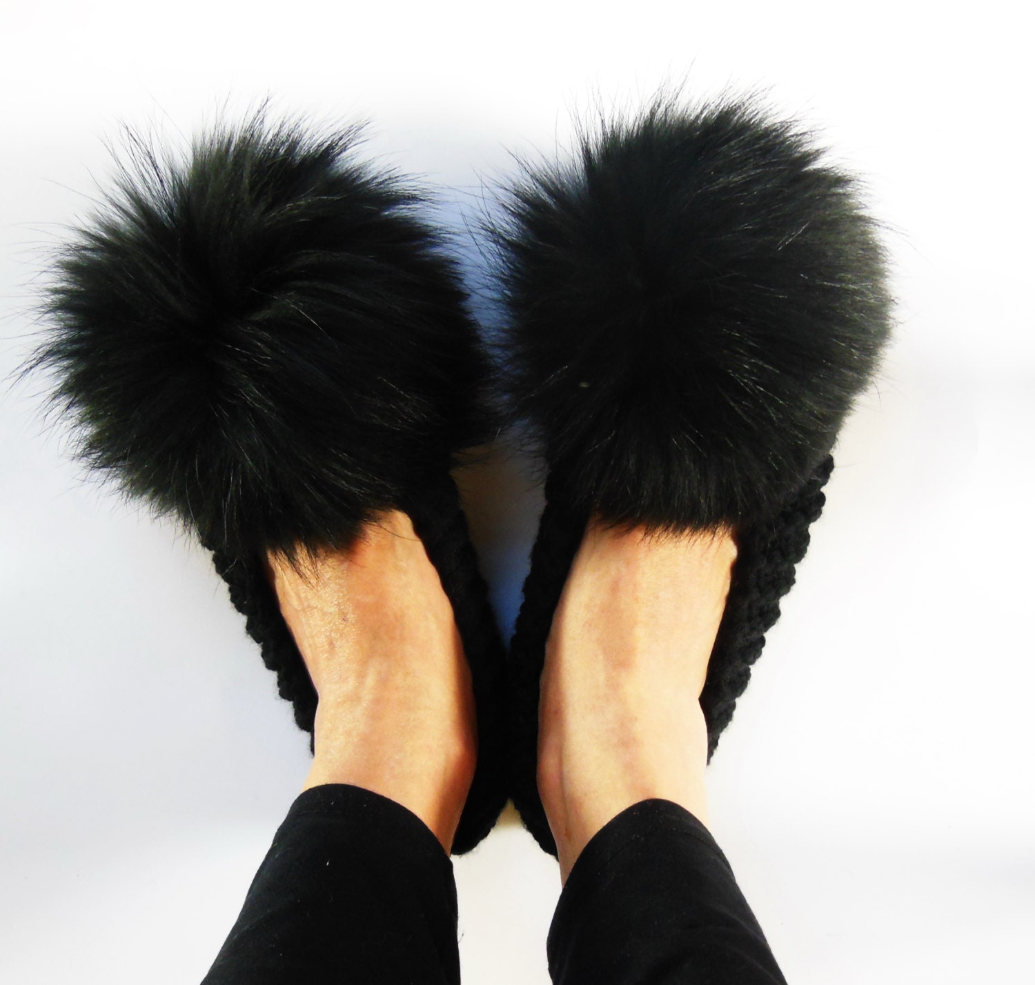 Furry Slippers Black Slippers Raccoon Fur Huge Pom Poms | Etsy