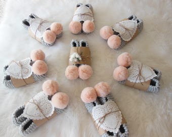 Buy 5 get 1 free!  Wedding Slippers, Bridesmaids Gift, Nonslip Slippers,  Faux Fur Pom Poms, Gift Wrap, Wedding Gift