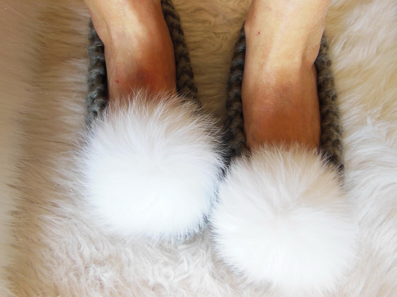 super chunky wool slippers, gray slippers, real fox fur pom-poms, women's house slippers, non-slip house shoes, ballet flats