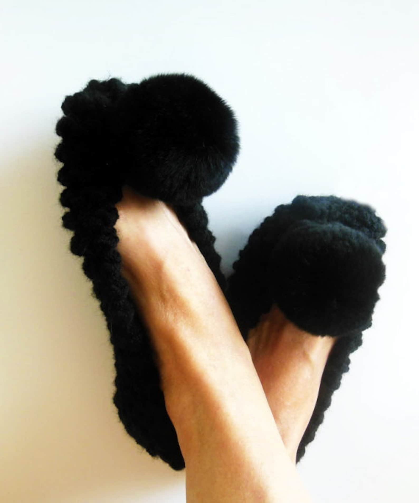 black chunky slippers, womens slippers, non-slip slippers, real or faux fur pom pom, ballet flats, gift for her, gift wrapping,