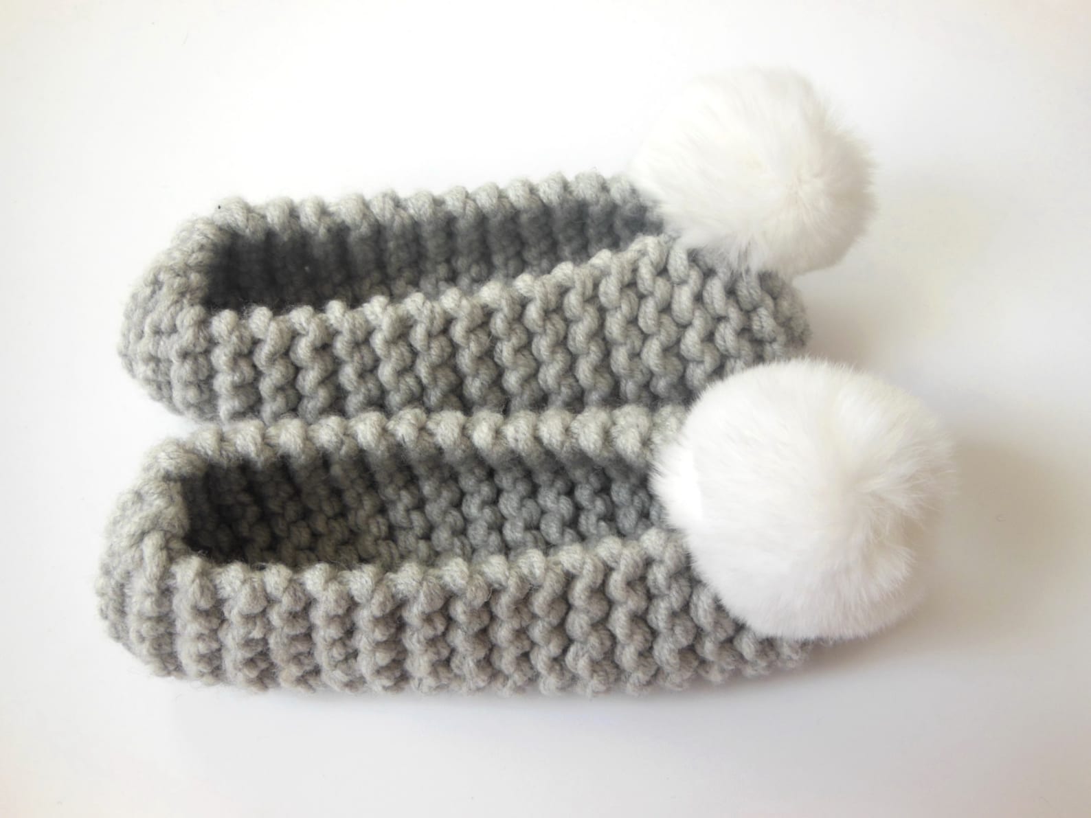 women's gray slippers, real or faux fur pom-poms, chunky non-slip furry slippers, home shoes, hand knit slippers, ballet fla
