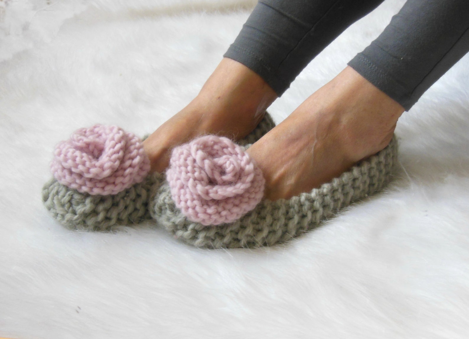 100% wool brand yarn, gray slippers, women's non-slip slippers, warm chunky slippers, pink roses, ballet flats, home shoes,