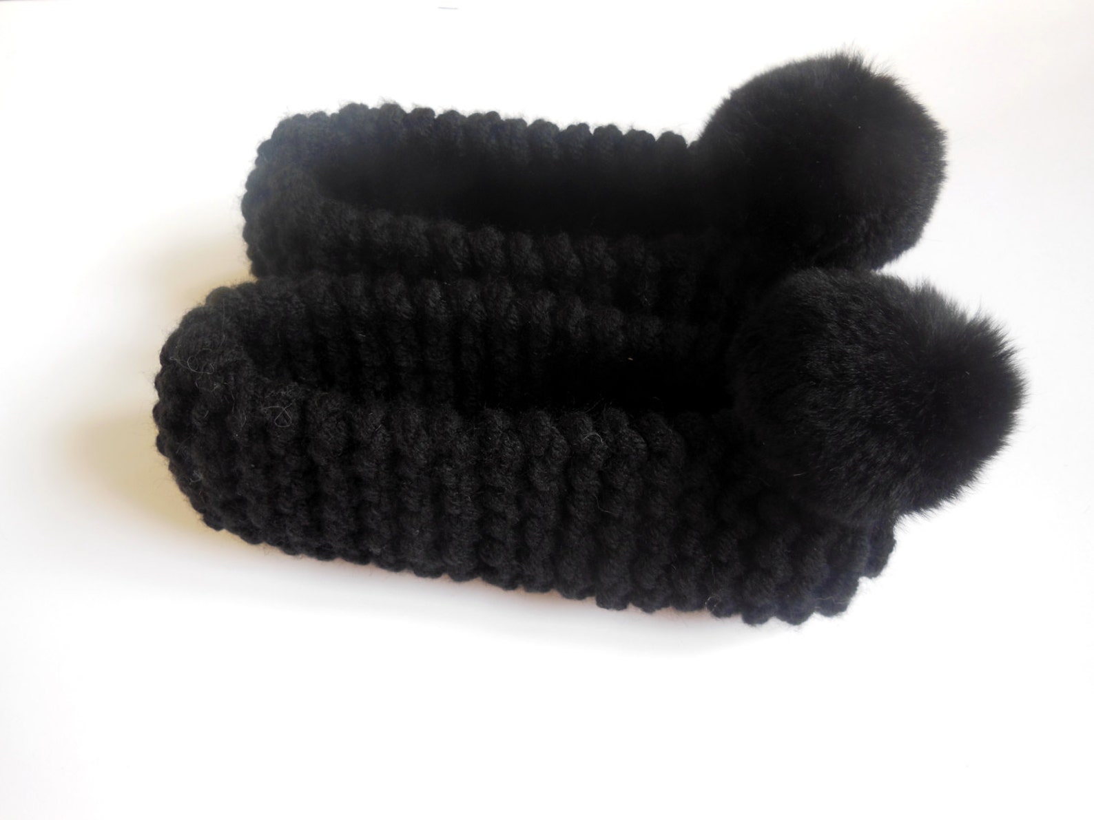 black chunky slippers, womens slippers, non-slip slippers, real or faux fur pom pom, ballet flats, gift for her, gift wrapping,