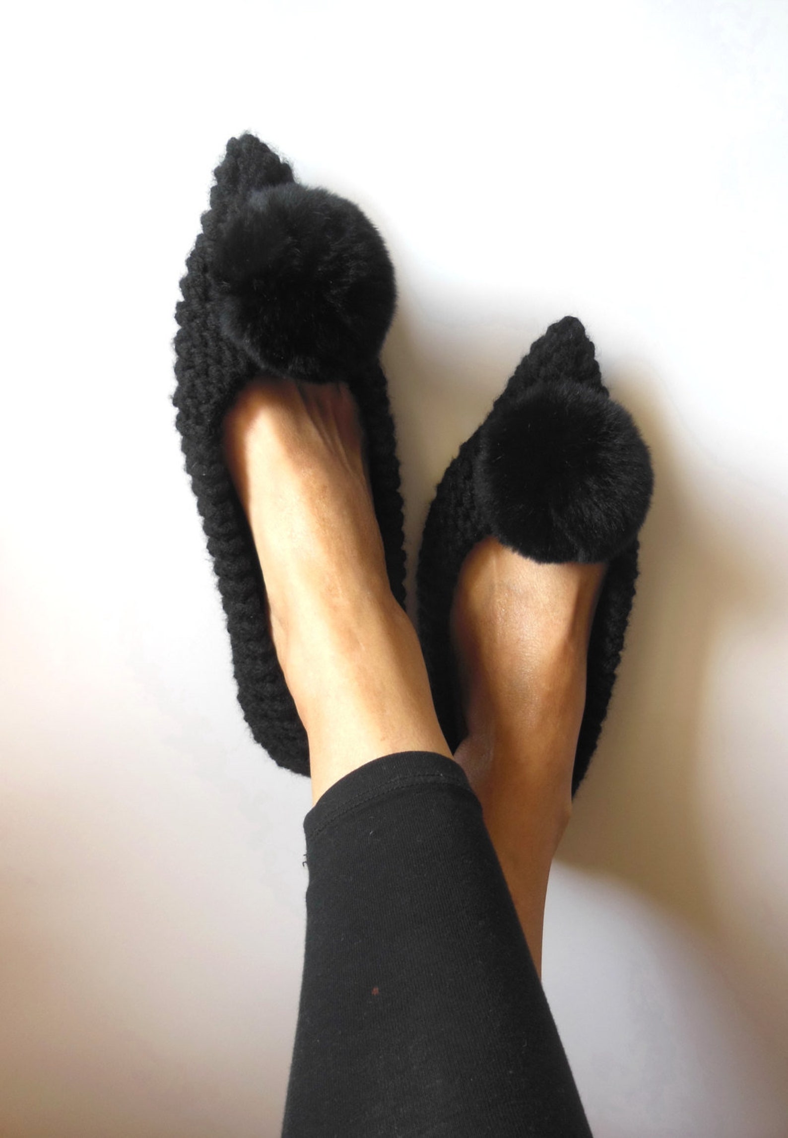 pointed toe flats, real or faux fur pom pom, black wool slippers, witches shoes, non-slip ballet flats, gift wrapping, handmade