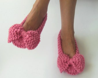 Pink Wool Women's Slippers, Knitted, Crochet Slippers, Non-Slip, Bow Slippers, House Shoes, Gift for her, Gift Wrapped, Slippers Socks