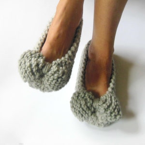 GRAY Wool Slippers, Chunky Bow Slippers, Women Slippers, Non-Slip, Gift Wrapped, Wedding flats, Home shoes, Hand Knitted, Crochet slippers image 1