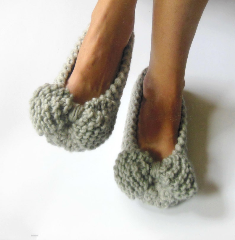 GRAY Wool Slippers, Chunky Bow Slippers, Women Slippers, Non-Slip, Gift Wrapped, Wedding flats, Home shoes, Hand Knitted, Crochet slippers image 1