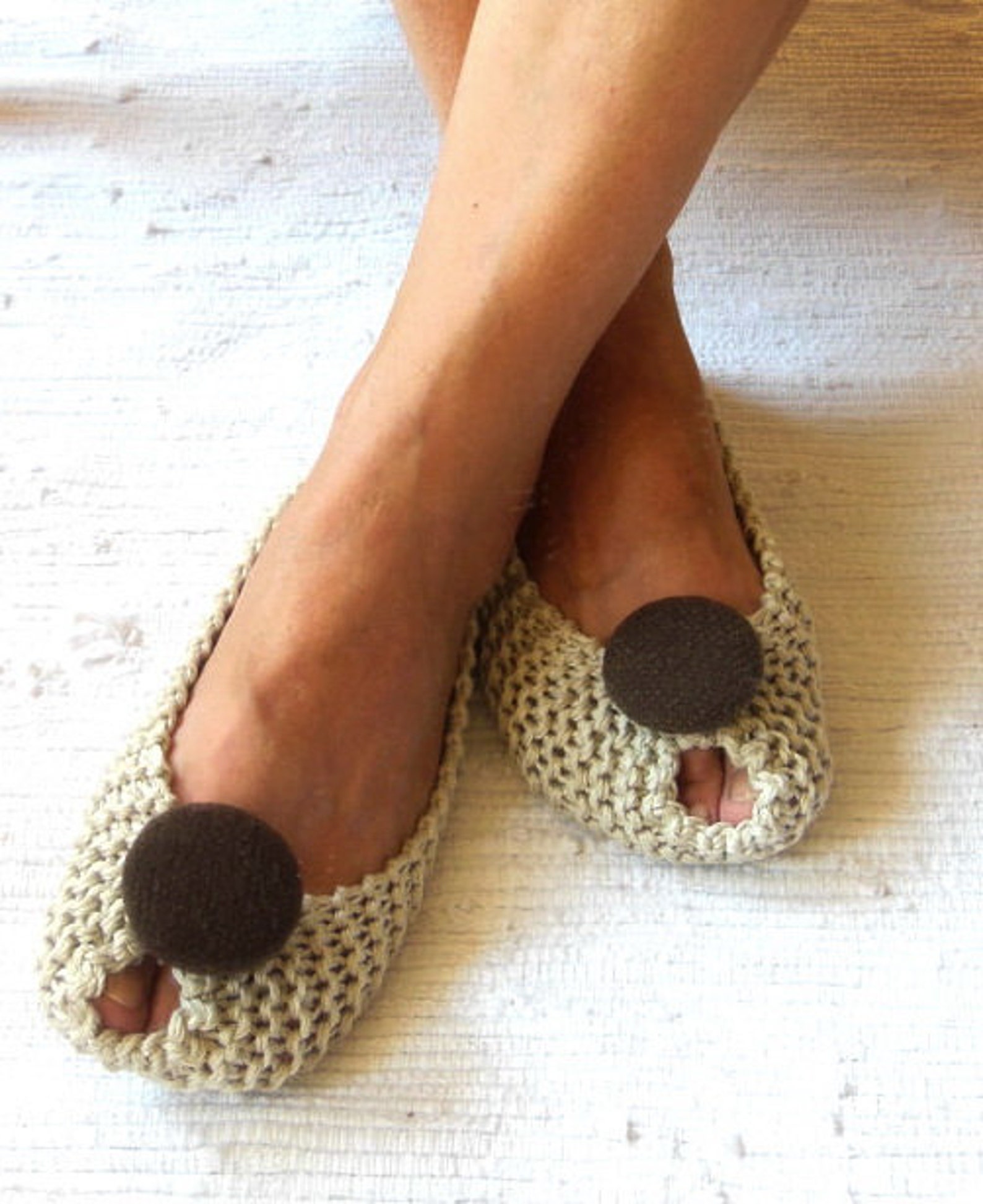 beige cotton women's slippers - footwear - ballet flats - handmade shoes - knitted slippers - nenaknit - gift idea gift wrap