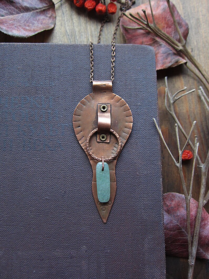Green Jade Copper Necklace Boho Rustic Pendant Jewelry Image 0
