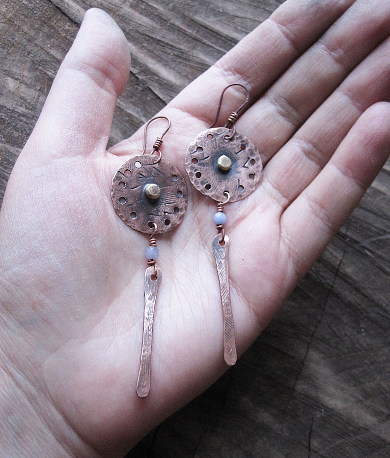 Handmade Metalwork Long Dangle Ethnic Rustic Hand Forged Disc Earrings Textured Circles Lilac Agate Hammered Copper Earrings