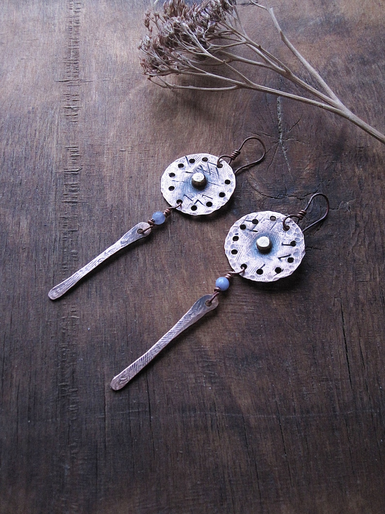 Handmade Metalwork Long Dangle Ethnic Rustic Hand Forged Disc Earrings Textured Circles Lilac Agate Hammered Copper Earrings