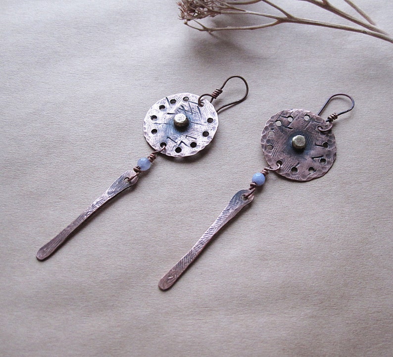 Handmade Metalwork Long Dangle Ethnic Rustic Hand Forged Disc Earrings Textured Circles Lilac Agate Hammered Copper Earrings