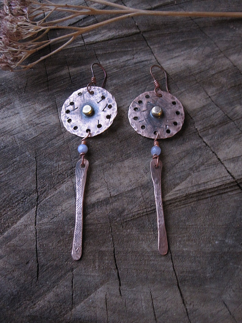 Handmade Metalwork Long Dangle Ethnic Rustic Hand Forged Disc Earrings Textured Circles Lilac Agate Hammered Copper Earrings
